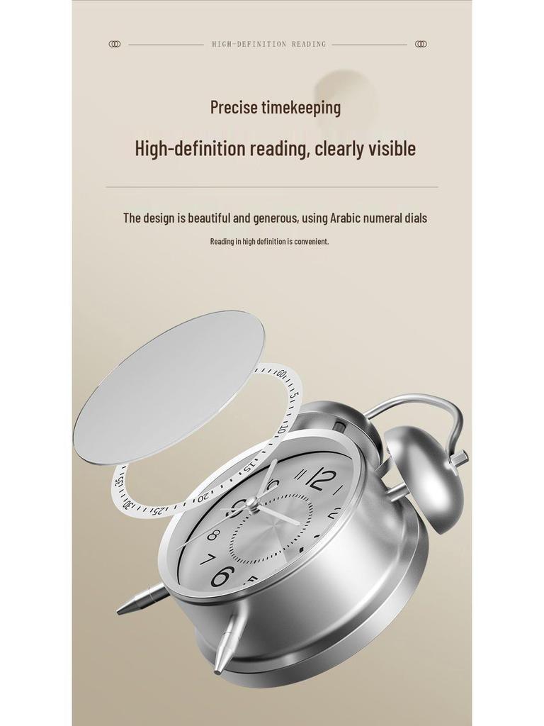 Rechargeable Metal Bell Alarm Clock with Night Light - Super Loud Wake-Up Device for Bedsides, Ideal for Students and Elderly Rooms.