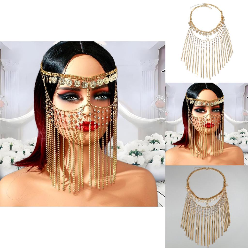 Gold Water Drill Headpiece With Tassel Chain For Middle East Inspired Bridal Wear