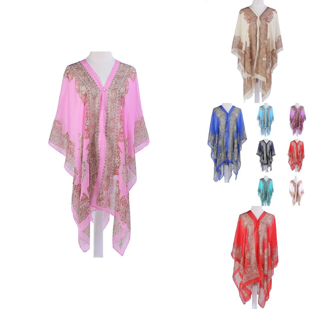 Elegant 2018 Women Chiffon Blouse Coat With Boho Floral Design For Beach Cover Up