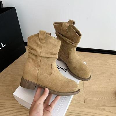 Khaki Retro Stacking Boots Cowboy Boots Women's Autumn and Winter 2025 New Inner Height Increase Thick Heel Soft Surface Martin Boots Women