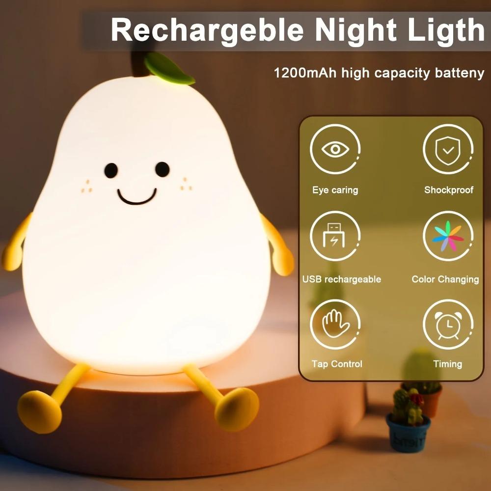 1PC Creative Cute LED Pear Night Light USB Rechargeable Dimming Touch Silicone Table Lamp Bedroom Decoration Couple Gift Boby Light