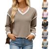 Women's Loose Fit V-Neck Long Sleeve Color Block Blouse for Casual Everyday Wear