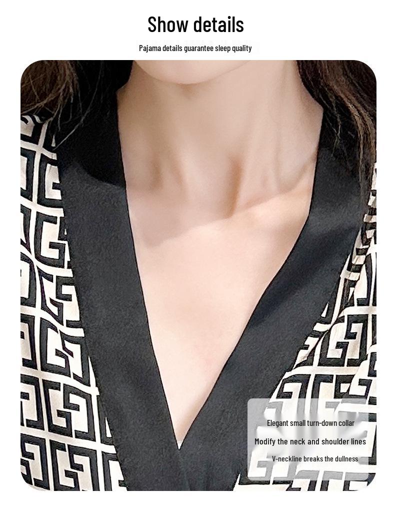 Women's Plus Size Ice Silk Long Sleeve Nightgown - Spring/Autumn High-End Print, Suitable for Outdoor Wear