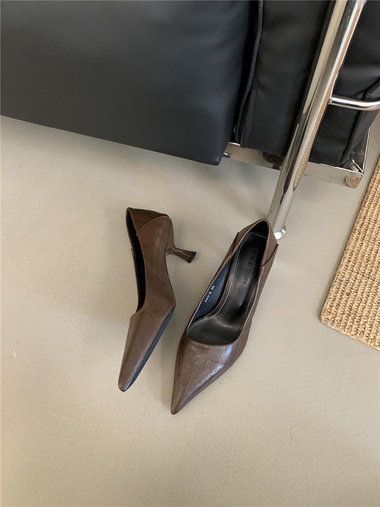 Niche fine heel suede leopard print single shoes women's 2025 spring new Korean version French temperament shallow mouth pointed women's shoes