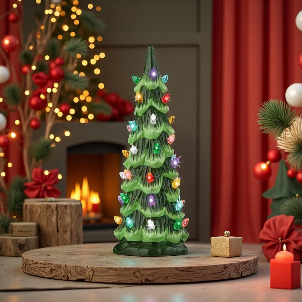 Christmas Tree Ornament with LED Lights Colorful LED Mini Christmas Tree Hand-Painted Resin Christmas Tree for Home Decoration