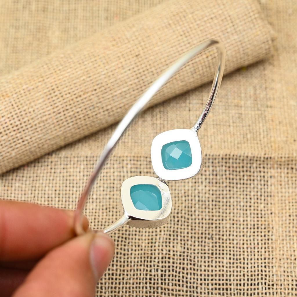 Blue Chalcedony Bracelet 925 Sterling Silver Handmade Lab-Created Jewelry For Anniversary Gift