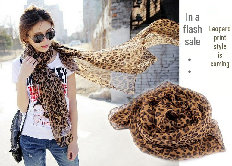 

European & American Star Long Leopard Print Scarf - New Korean Style Chiffon Silk for Autumn & Winter 150x48cm