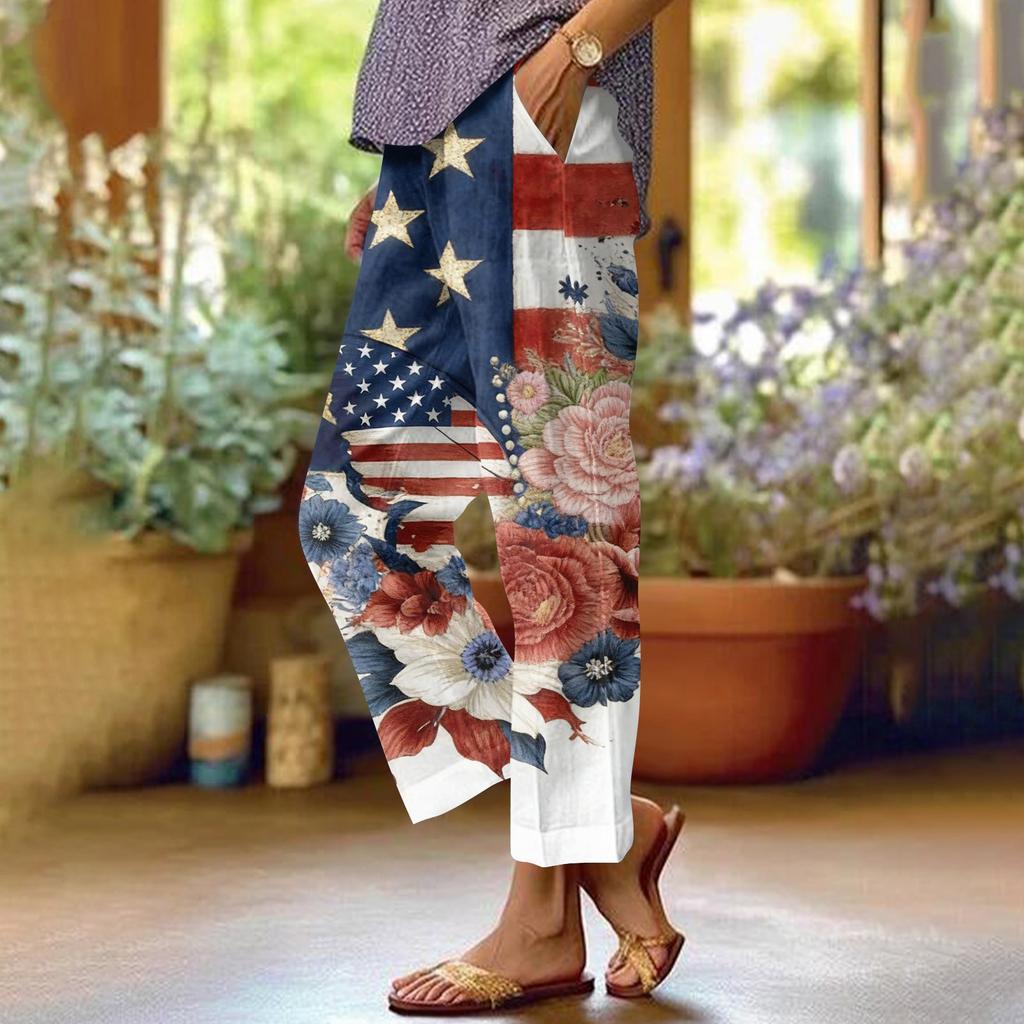 Dámské ležérní módní potištěné kalhoty s rovnými nohavicemi s kapsami