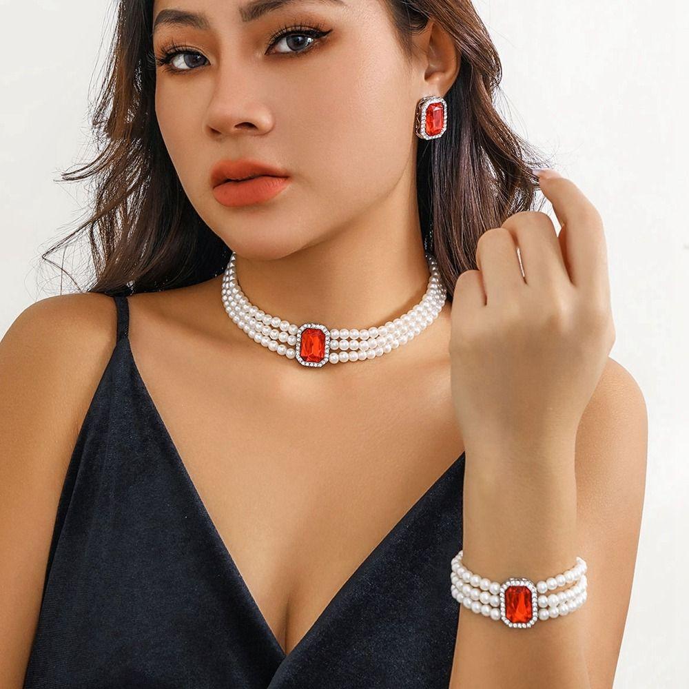 Rhinestones Necklace Bracelet Earring Set Bead Bridal Jewelry Sets Pearl Jewelry Sets  Wedding