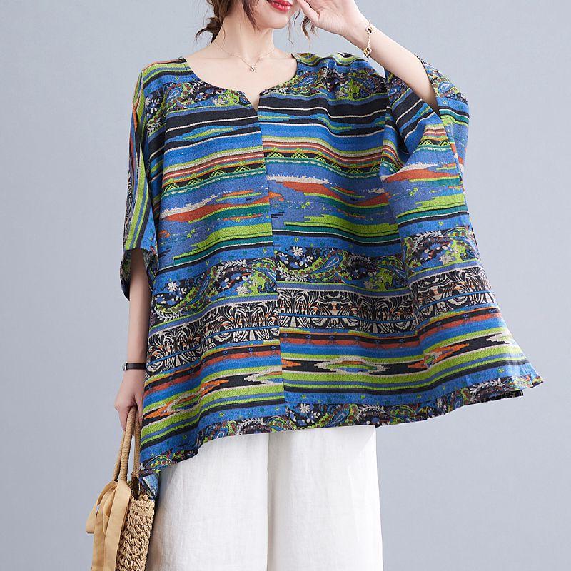 Autumn Blouse Casual Lady T-Shirt Women Oversize Vintage Top Loose Bat Striped Large Size