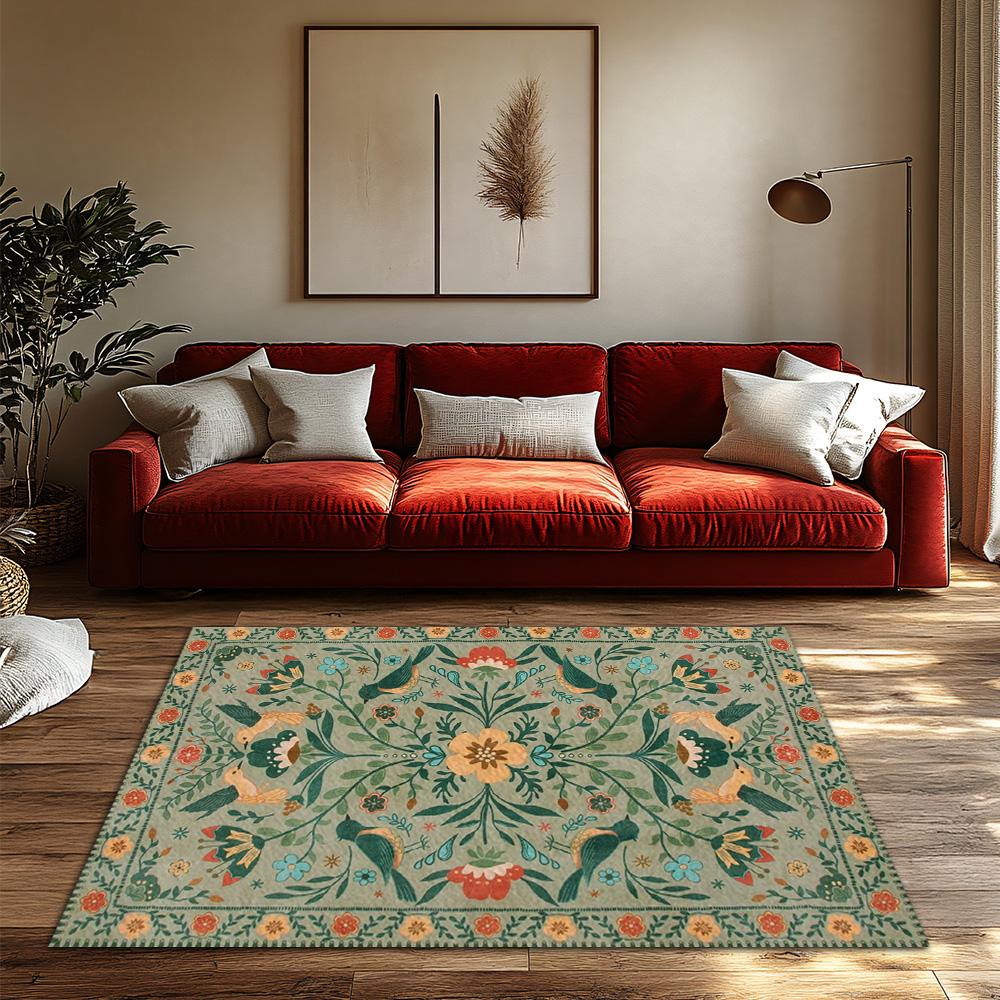 Cream White Floral Bird Rug, Bohemian Garden Pattern Non-Slip Carpet, Colorful Living Room Mat for Home Decor