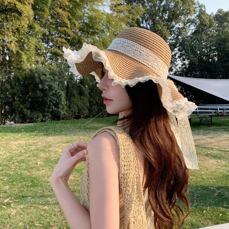 Beach Sun Hat Summer Hat Lace Straw Hat Seaside Shade French Sunscreen Straw Sun Hat Brim
