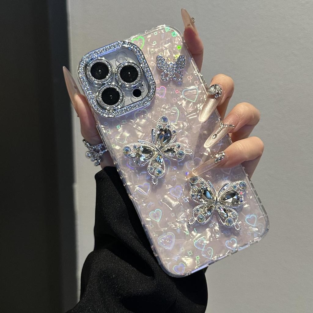 Butterfly & Heart Diamond Shell Phone Case for iPhone 17 Pro Max/15/12