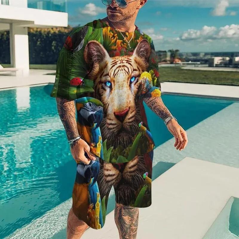 Men Cool Lion Tiger T-shirt Set 3D Animal  Print Casual Style T-shirt Shorts Set Summer New Fashion Street Clothing High-quality