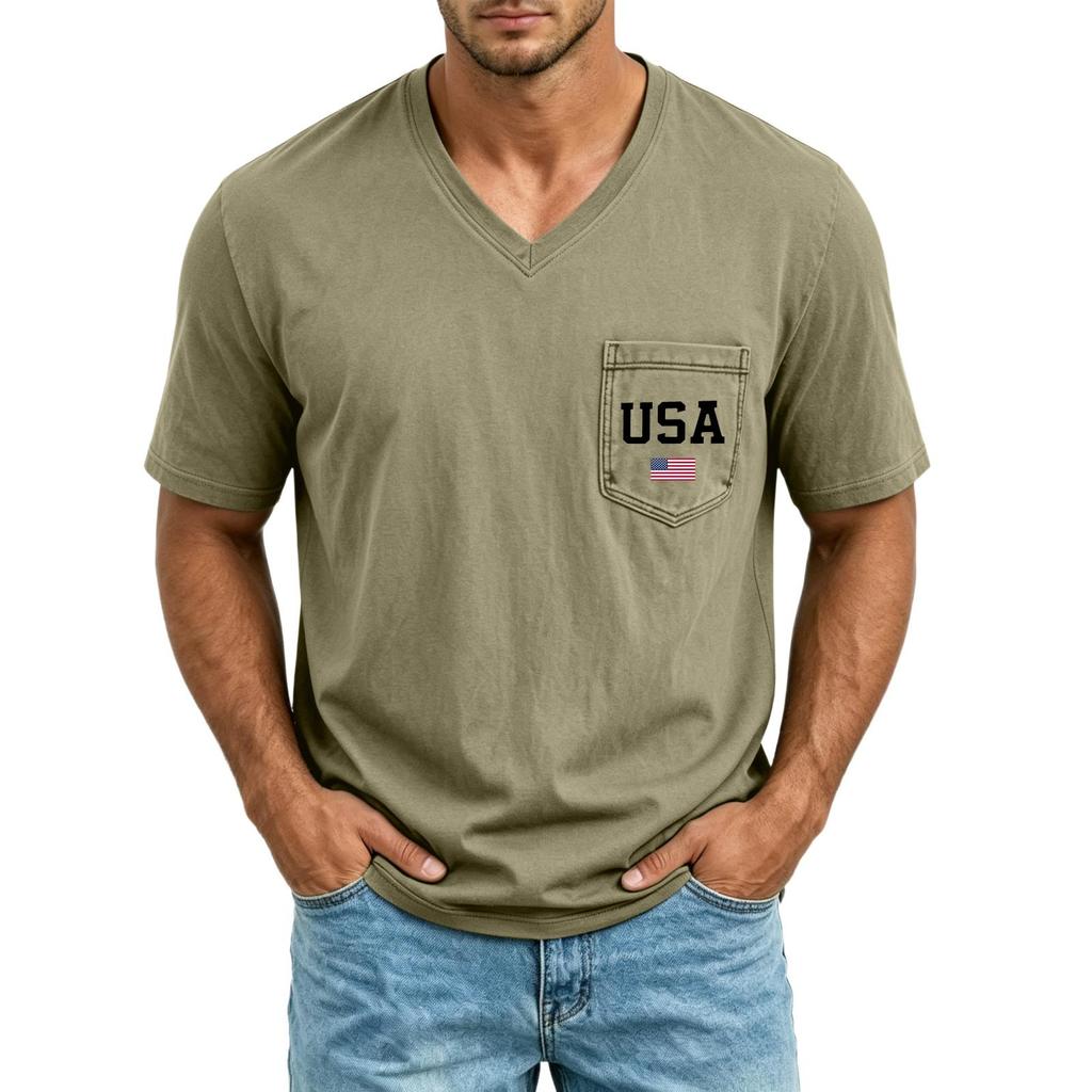 Men's V Neck Short Sleeve Casual Shirt with USA Print Pocket Design Lightweight Summer Top Comfortable Fit