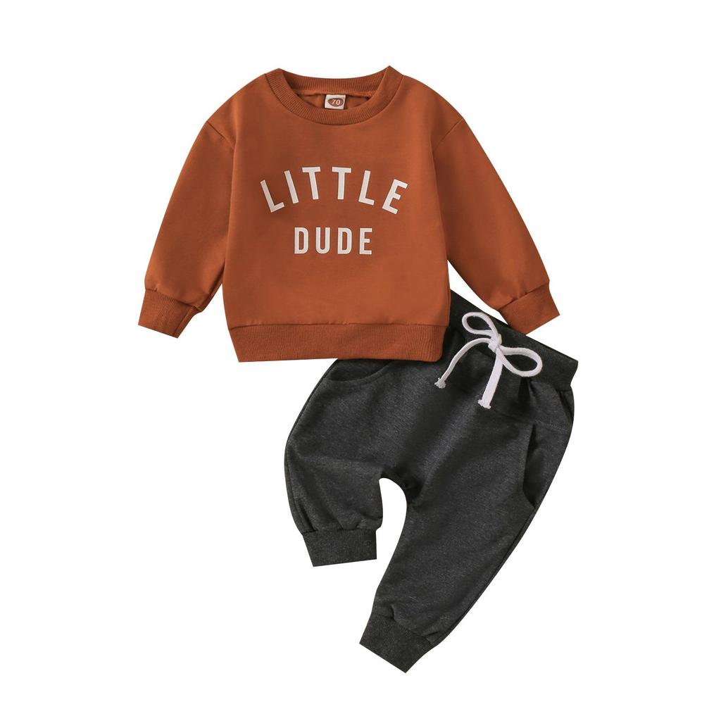 Toddler Letter Print Round Neck Top & Solid Color Long Pants Two-Piece Set, Multi-Color.