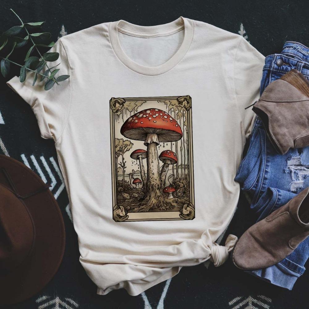 Retro Plant Graphic T-shirt Men and Women Unisex Mushroom Witchcraft Shelf Printing Casual Short-sleeved Summer Blouse T-shirt