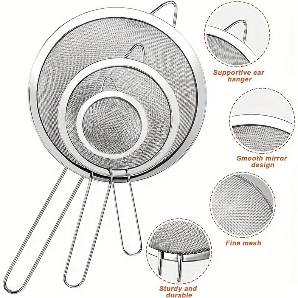 3pcs/set Stainless Steel Fine Mesh Strainers Multipurpose Flour Sifter For Baking With Handle Flour Sieve Sifter Baking Tools