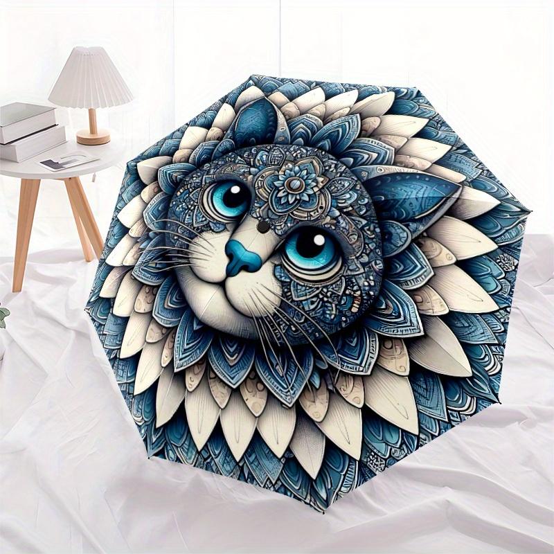1pc Mandala Cat Art Automatic Folding Umbrella - 8-Rib Iron Frame, Windproof, Portable Sunshade with Plastic Handle for Travel & Outdoor Act