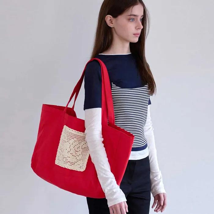Flower Doily Big Canvas Shopper Bag _ Red