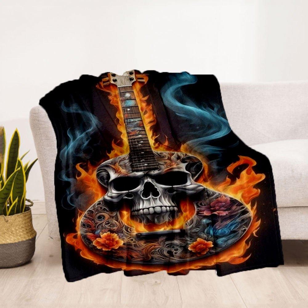 Flaming Skull Guitar Art Print - Musician GiftBlanket Flannel Throw Blanket for Sofa, Bed, Travel, Camping, Office