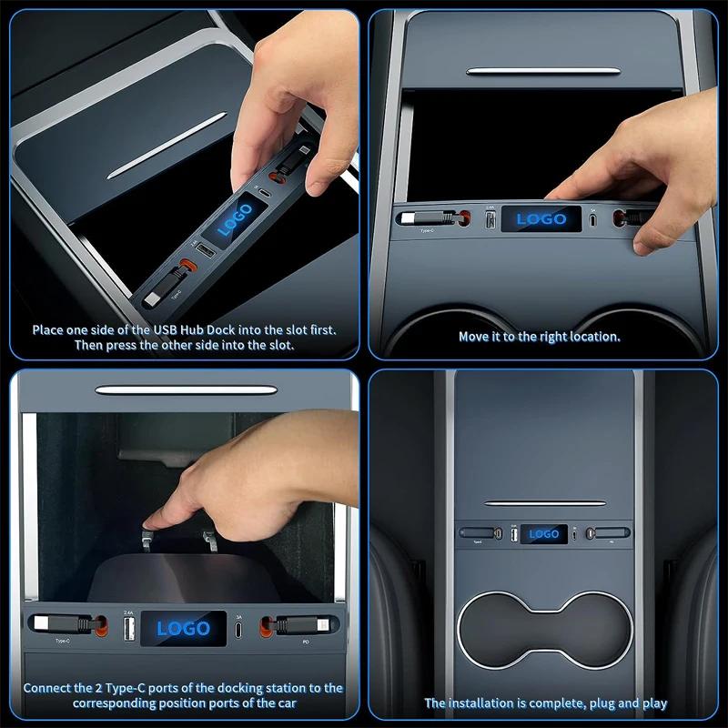 For Tesla Model 3 Y 27W PD Type C Car Charger Retractable Hub Dock USB-C Fast Charging Center Console Smart Sensor Support