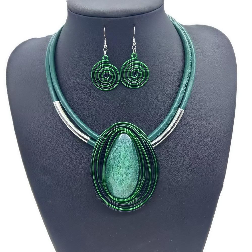 Water Drop Necklace Earrings Set Aluminum Wire Handmade Braided Jewelry Set Resin Gems Lightweight Earring Necklace Combo