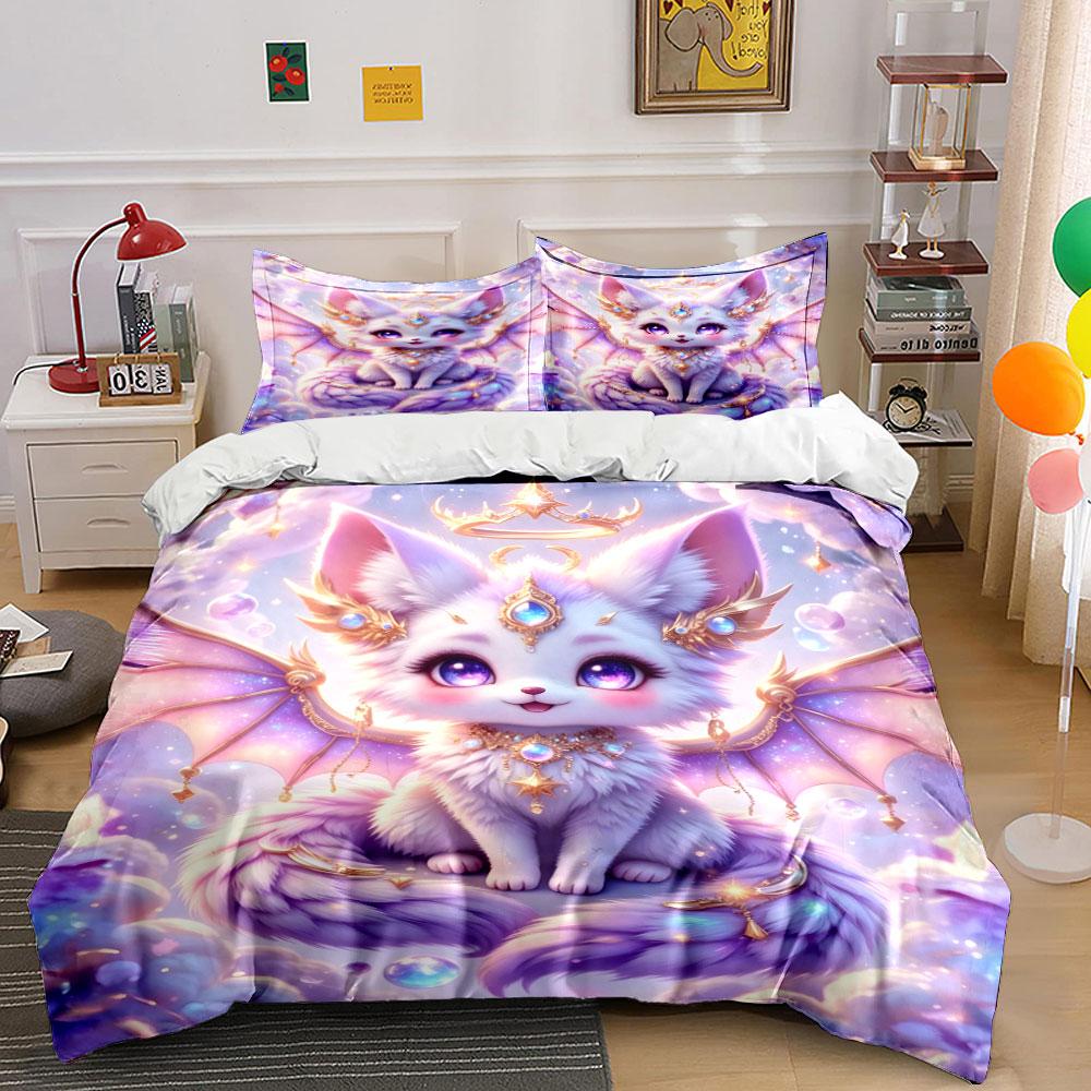 Dreamy Purple Winged Fox-Fairy Bedding Set for Kids Luxury Gift 3pcs Digital Print Comforter Set Soft Comfortable Breathable