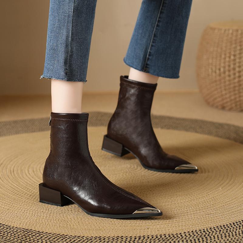 Vintage Dicke Absätze Damen Pelzfutter Knöchelboots Herbst Winter Metall Spitze Stripper Party Kurze Stiefel Zapatos De Mujer