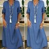 Women Half Sleeve Side Slitting Hem V-neck Loose Long Denim Dress Streetwear for Daily Life