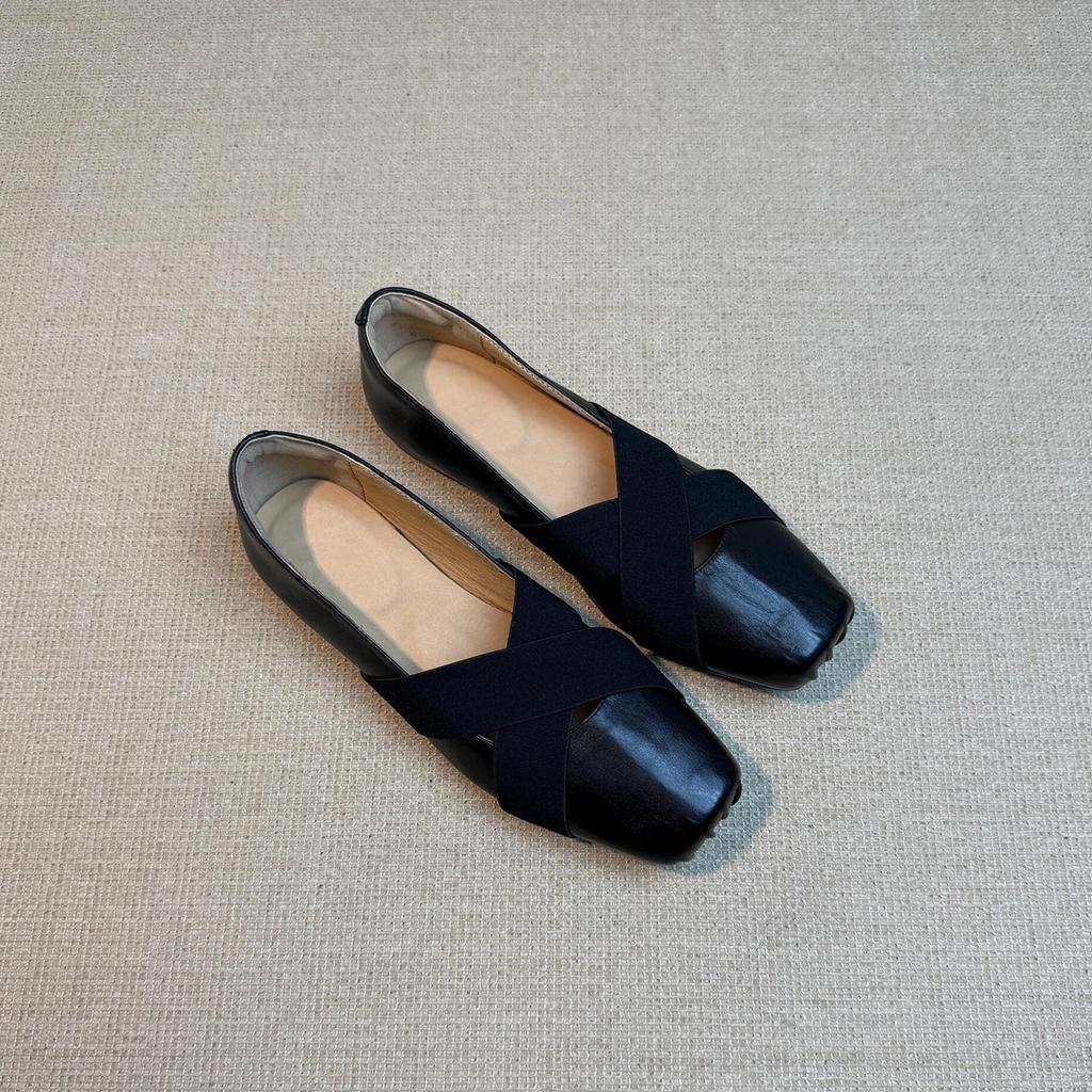 Cross-strap one-pedal pig nose ballet shoes women's retro square head shallow mouth flat bottom Mary Jane single shoes
