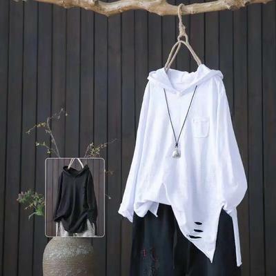 Baumwolle Mit Kapuze T Shirt Frauen Sommer Stil Tasche Druck Lose Weiß Langarm Loch Casual Top Y2k