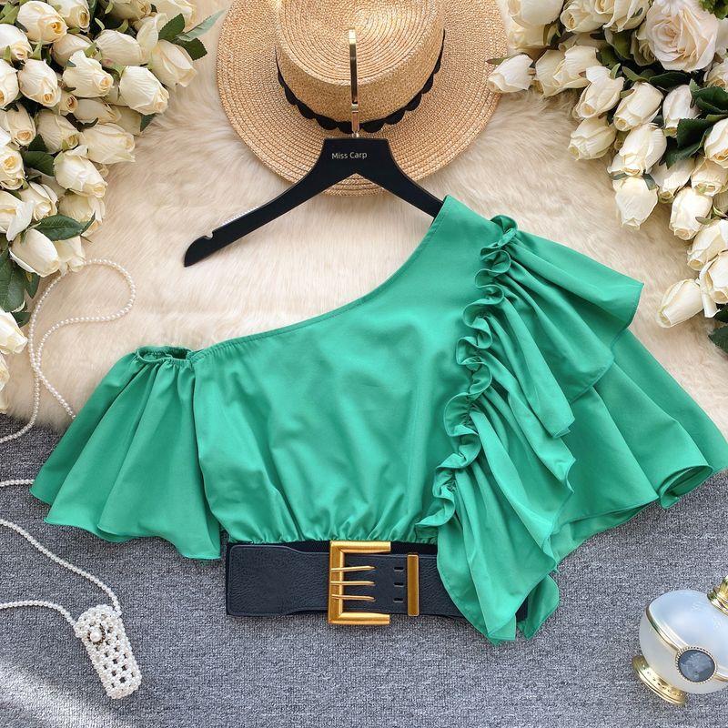 2024 European Shirt Best Selling Stylish One-Shoulder Cold-Shoulder Sweet Fungus Ruffle Sleeve Short Shirt Women's Blouse
