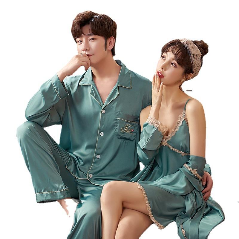 New bride wedding couple pajamas women's silk ice silk sexy suspender nightgown nightgown dressing gown burgundy suit