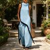 Women Color Block Cotton Linen Two-Piece Outfit Asymmetrical Hem Mock Neck Sleeveless Top Wide-Leg Pants Vacation Lounge Sets
