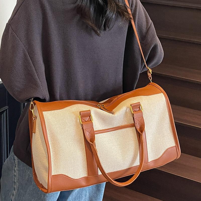 Large capacity contrasting canvas handbag women's bag 2025 new commuter travel bag simple casual shoulder crossbody bag