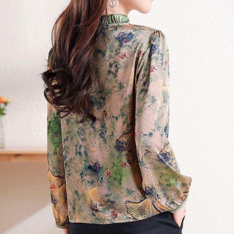 Lotus Collar Print for Spring and Autumn 2024 New Fashionable Women's Patchwork Buttons for Casual Long Sleeved Chiffon Shirt