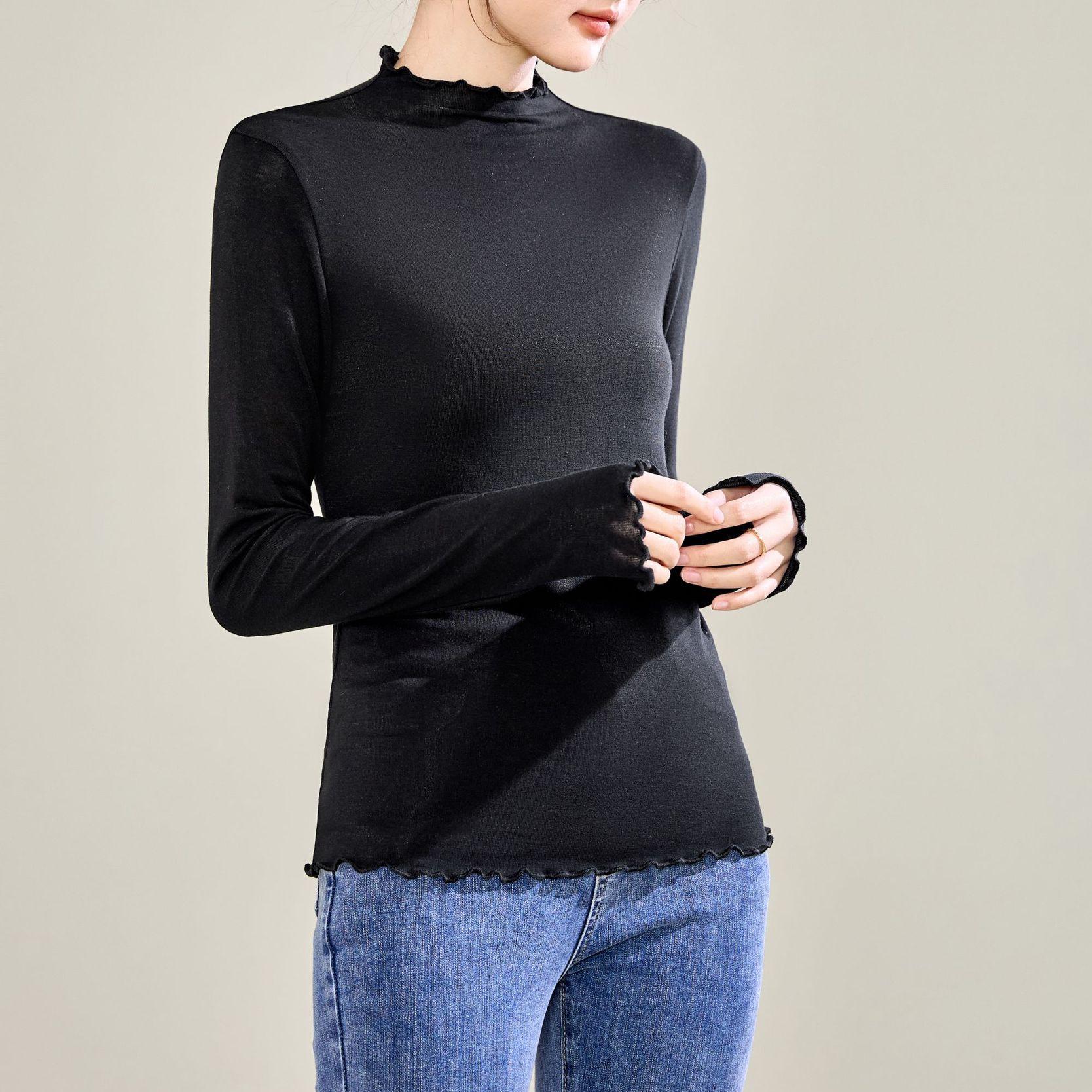 

New Women s Long Sleeve Tencel Wool Slim Fit Top with Ruffled Trim for Autumn/Winter XXL