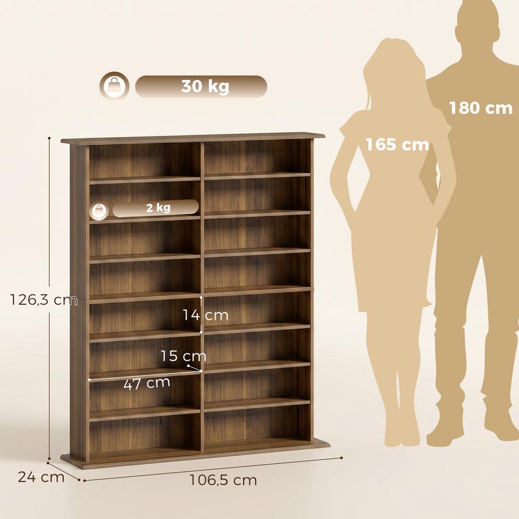 CD/DVD Storage Unit, 16 Compartments, 12 Adjustable Shelves, 720 CDs/396 DVDs, Walnut