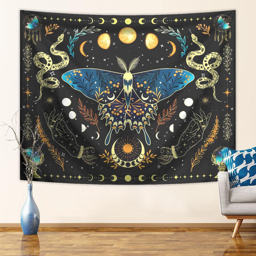 1pc Butterfly Moon Tapestry, Bohemian Plant Tapestry, Aesthetic Moth Snake Tapestry, Retro Plant Starry Sky Tapestry