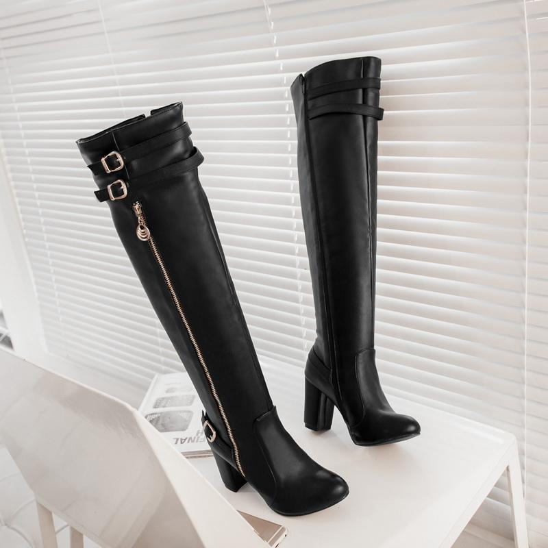 Übergröße Superhoher Dicker Absatz Klassischer Retro-Stil Ritterstiefel Reißverschluss Doppelreihe Lederschnalle Damen Overknee-Stiefel