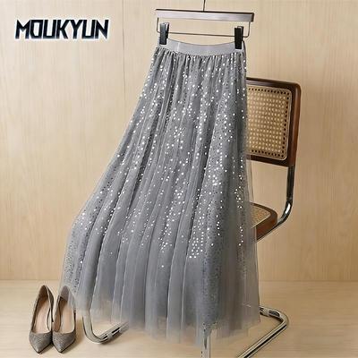 Damen Fairy Star Pailletten Mesh Tutu Rock Glänzend Elastische Taille Langer Tüll A-Linienrock