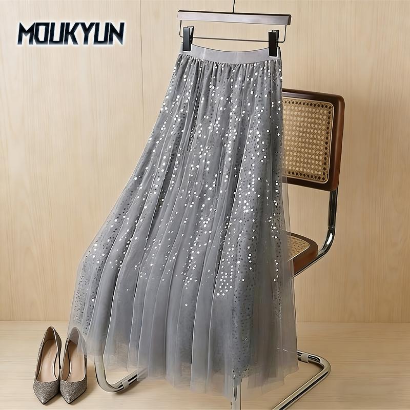 Women Fairy Star Sequins Mesh Tutu Skirt Shiny Elastic Waist Long Tulle A-line Skirt