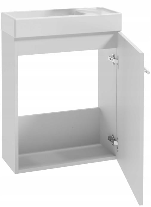 Badezimmerschrank mit einem weiß glänzenden wandhängenden Waschbecken 50x70 Klein und einem länglichen Chromhahn