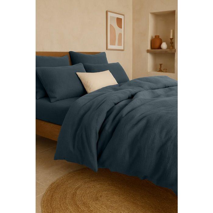 Drap-housse 160 X 200 Cm Gaze De Coton Lavé Bleu Fonce
