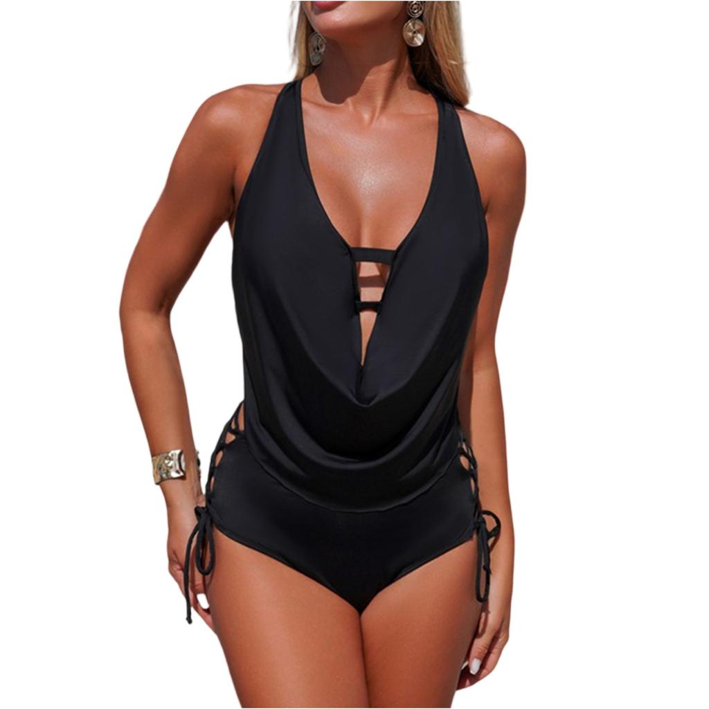 Women Swimsuit Deep V Neck with Adjustable Side Lace Up Strappy Backless Design for Beach Pool
