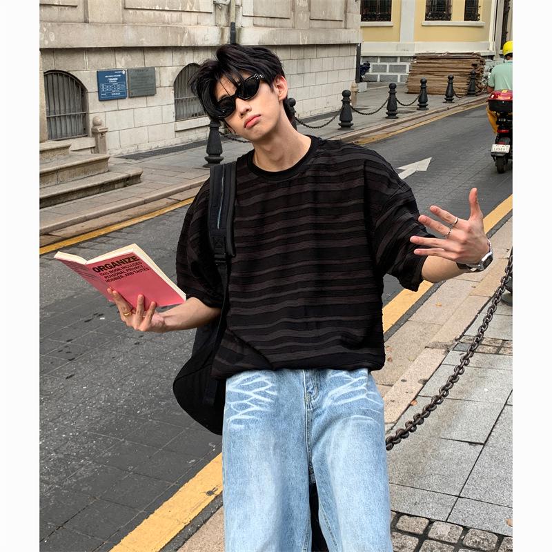 

Белая полосатая текстурированная футболка с вырезами из ледяного шелка с рукавами пять четвертей L чёрный