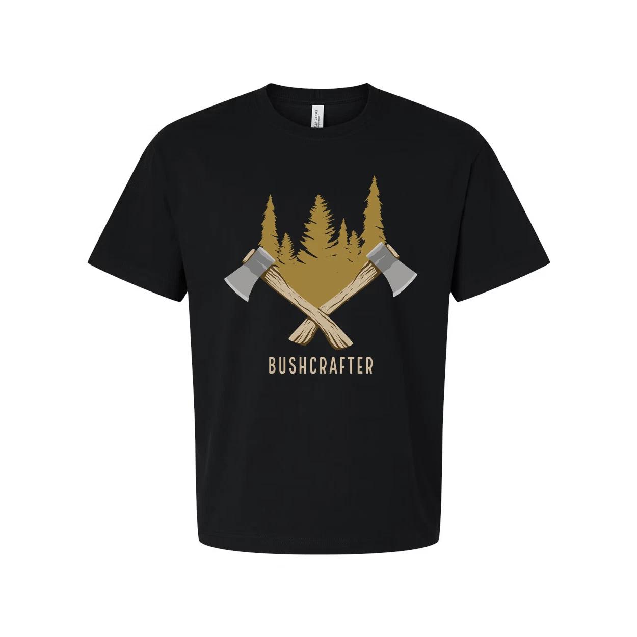 

Unisex Bushcrafter Graphic T Shirt With Crossed Axes And Forest Scene Artwork Fo L