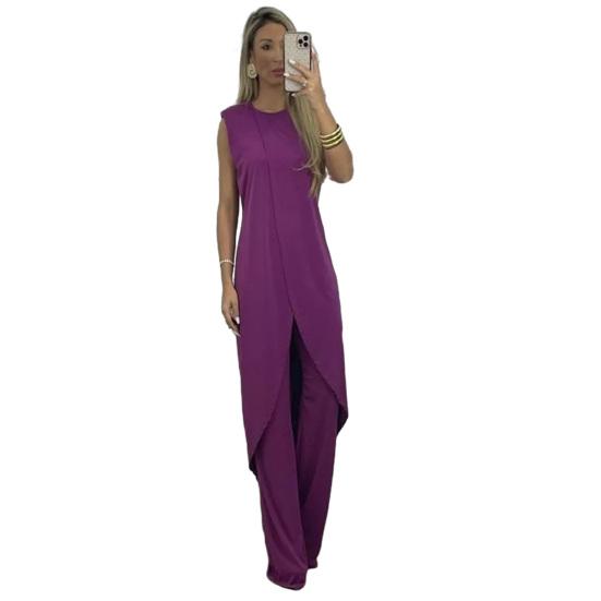 2 Pcs/Set Women Top Pants Set Irregular Hem Wide Leg Solid Color