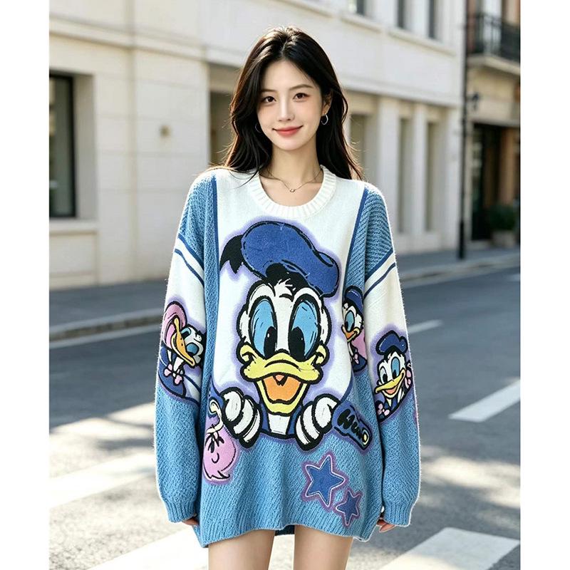 Retro Cartoon Print Loose Sweater - Women's Plus Size Autumn/Winter Knitwear